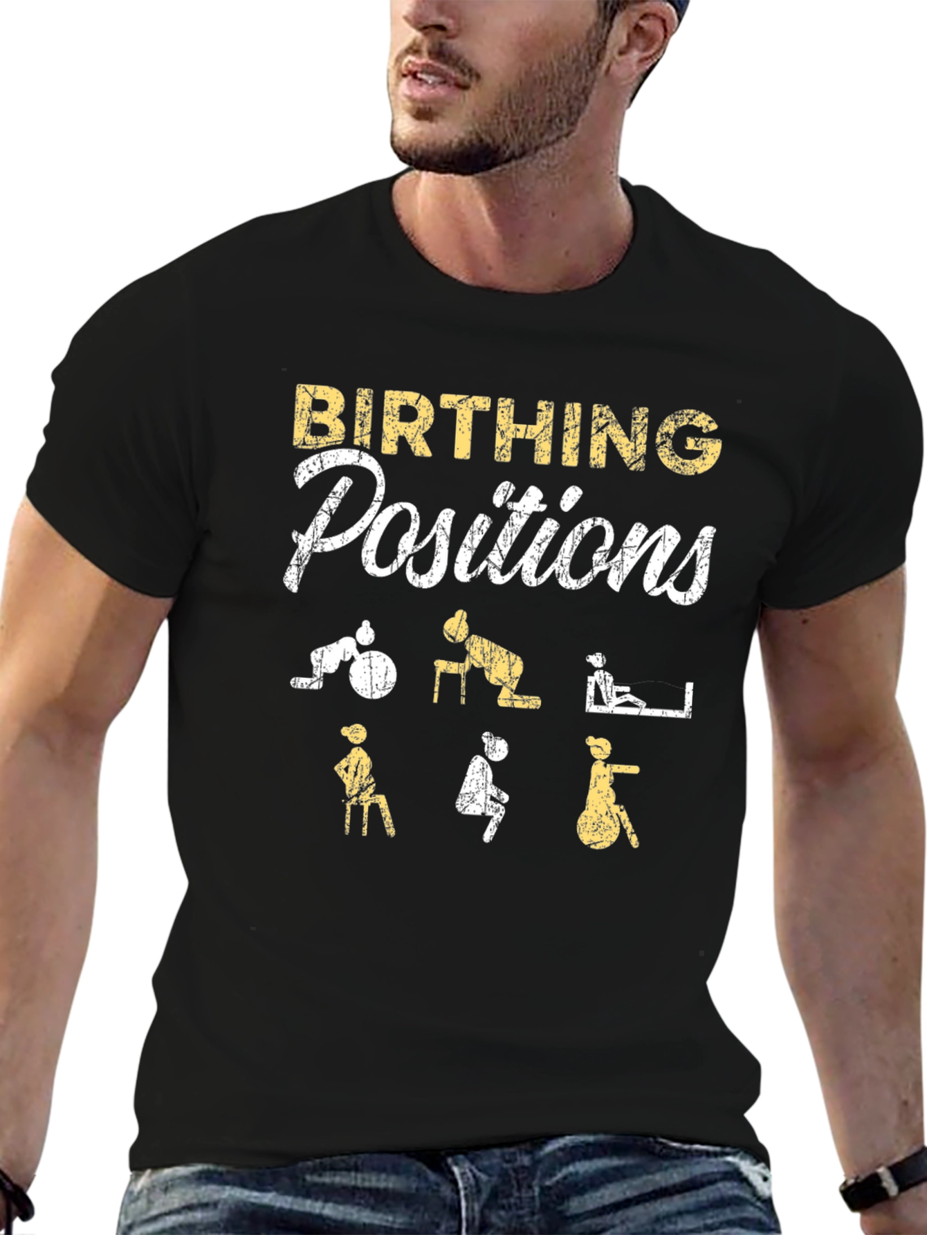 Camiseta Negra: Posiciones de Parto Divertidas