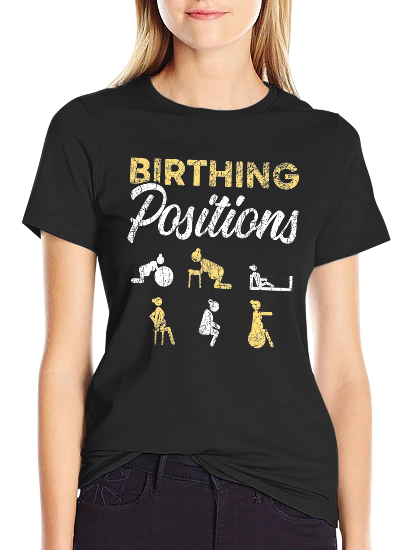 Camiseta Negra: Posiciones de Parto Divertidas