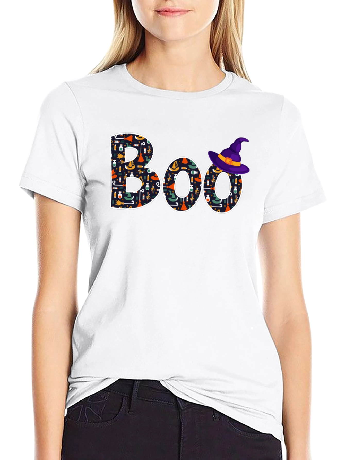 Camiseta Negra Boo Halloween con Gorro de Bruja