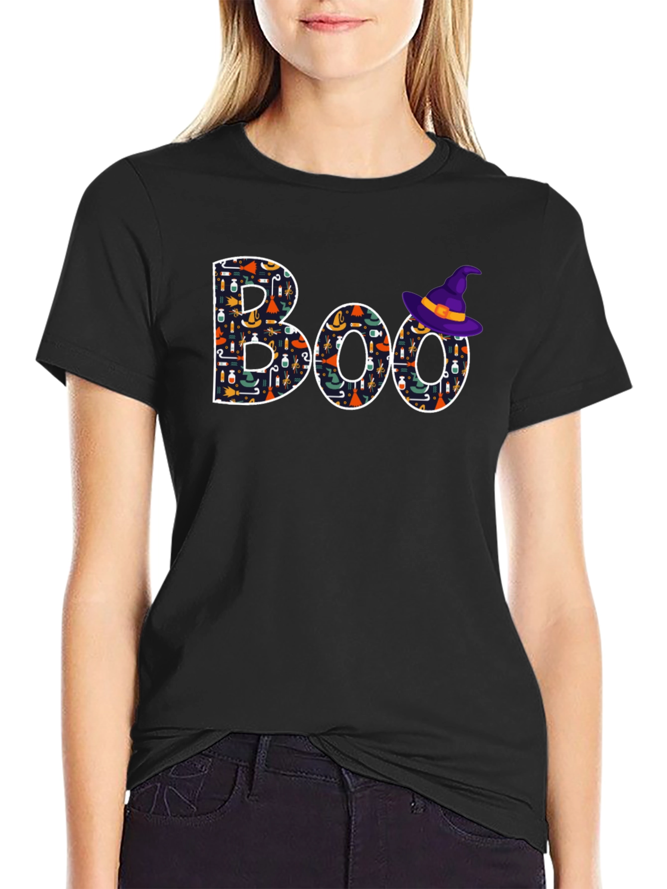 Camiseta Negra Boo Halloween con Gorro de Bruja