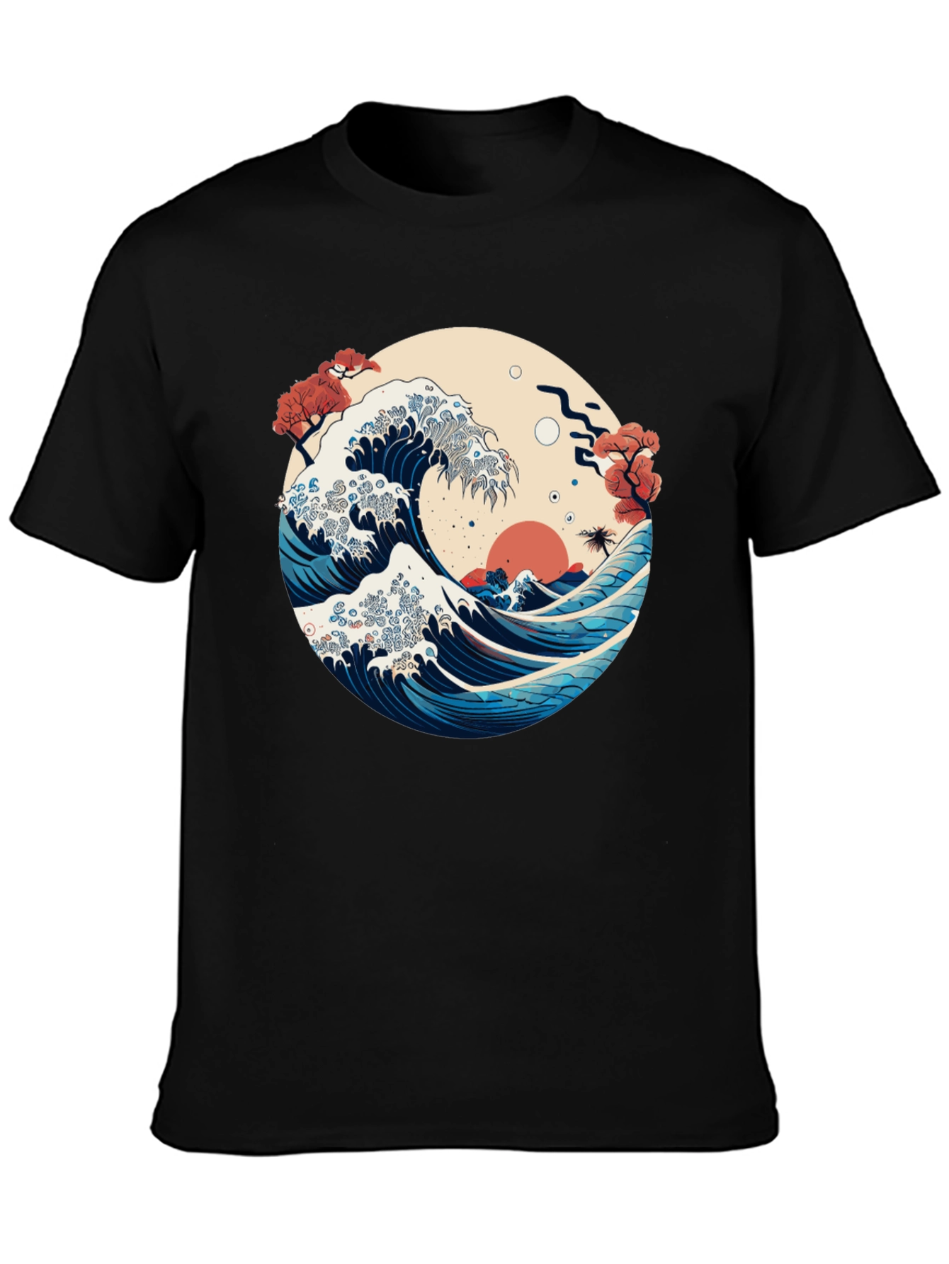 Camiseta Negra con Ola Japonesa Estilizada