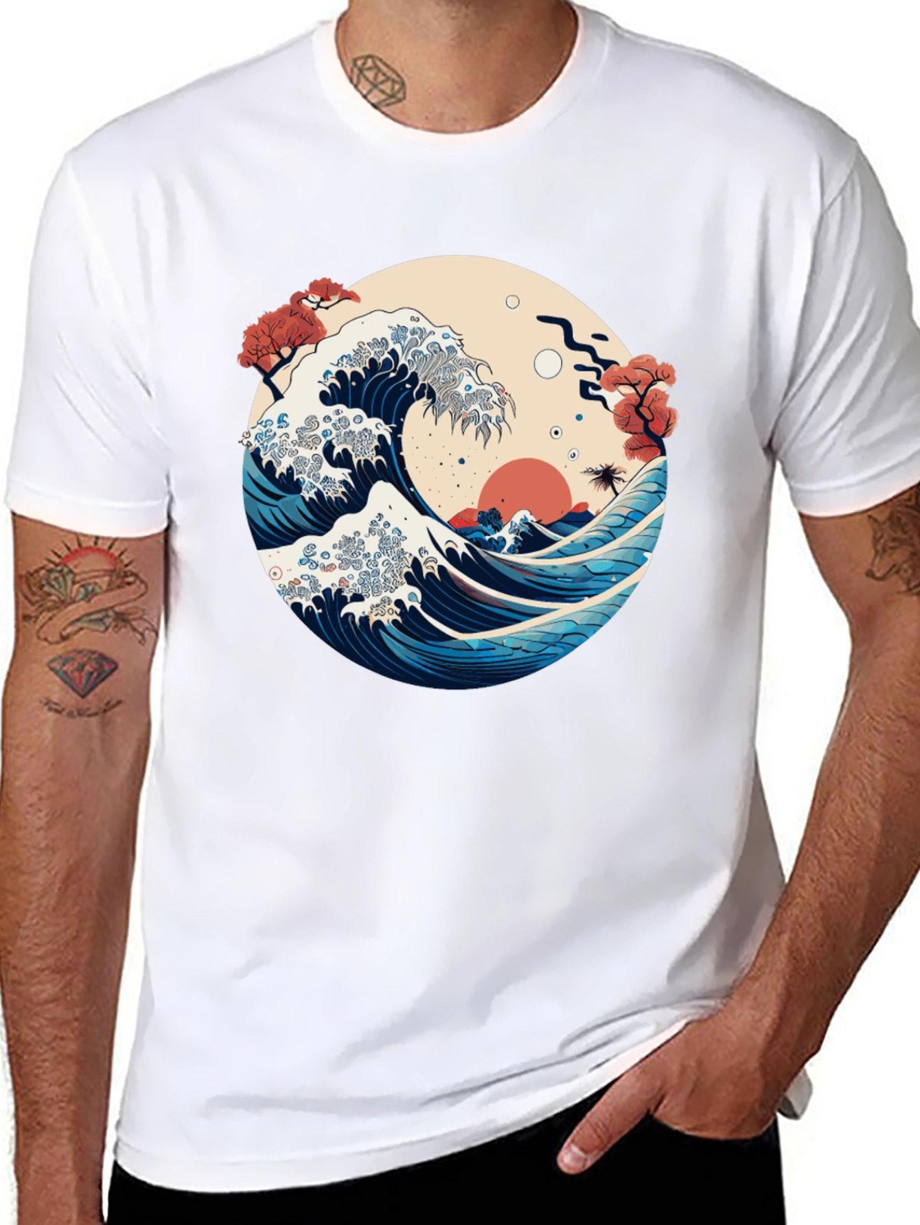 Camiseta Negra con Ola Japonesa Estilizada