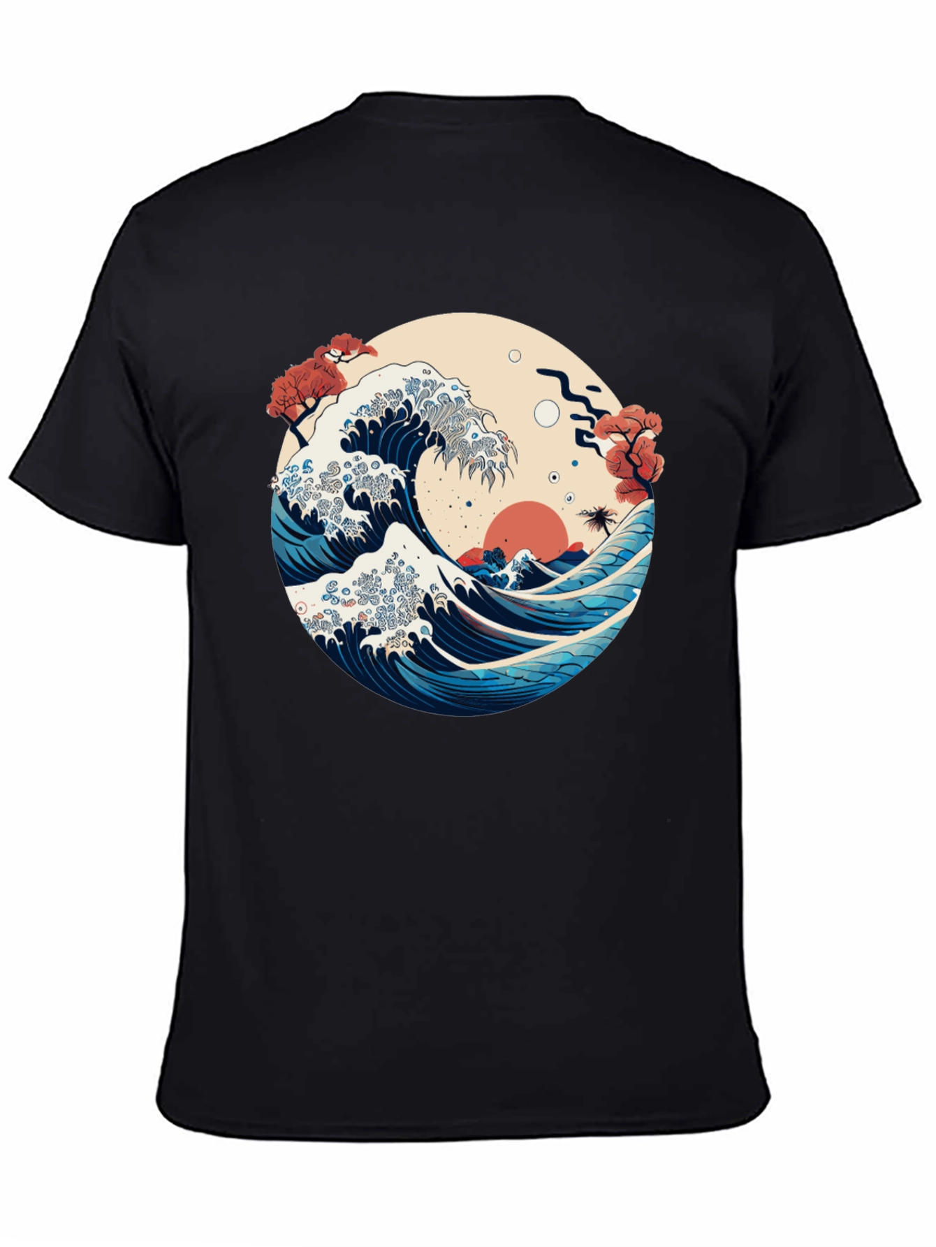 Camiseta Negra con Ola Japonesa Estilizada