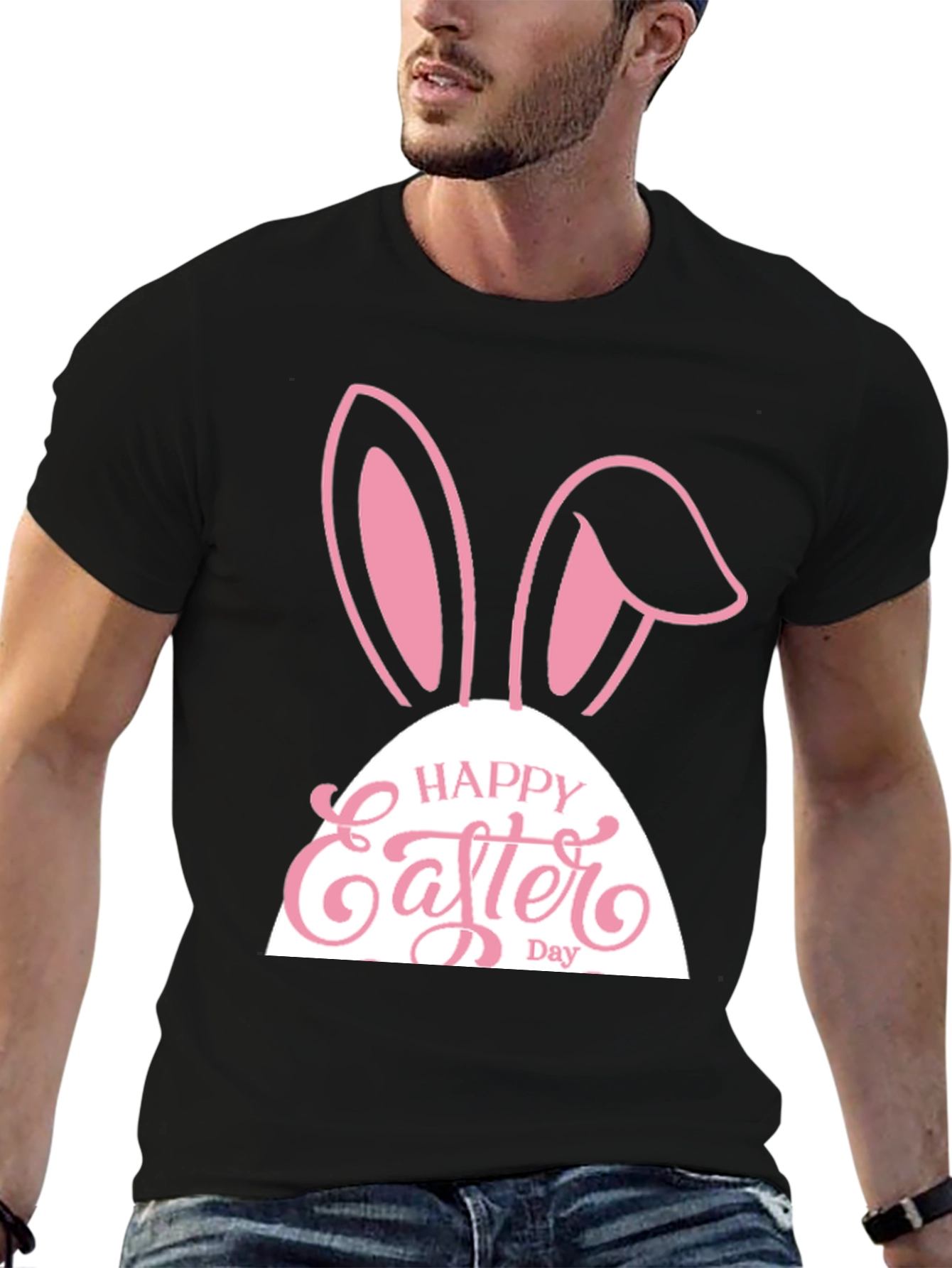 Camiseta Hombre Negra Diseño Conejito Pascua