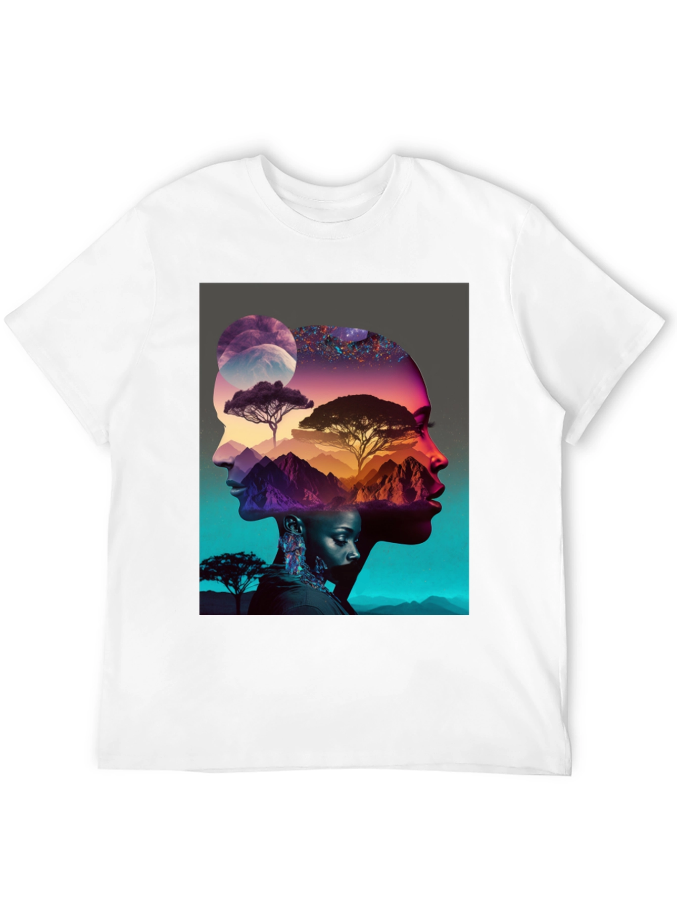 Camiseta Negra con Diseño Abstracto de Naturaleza y Rostros