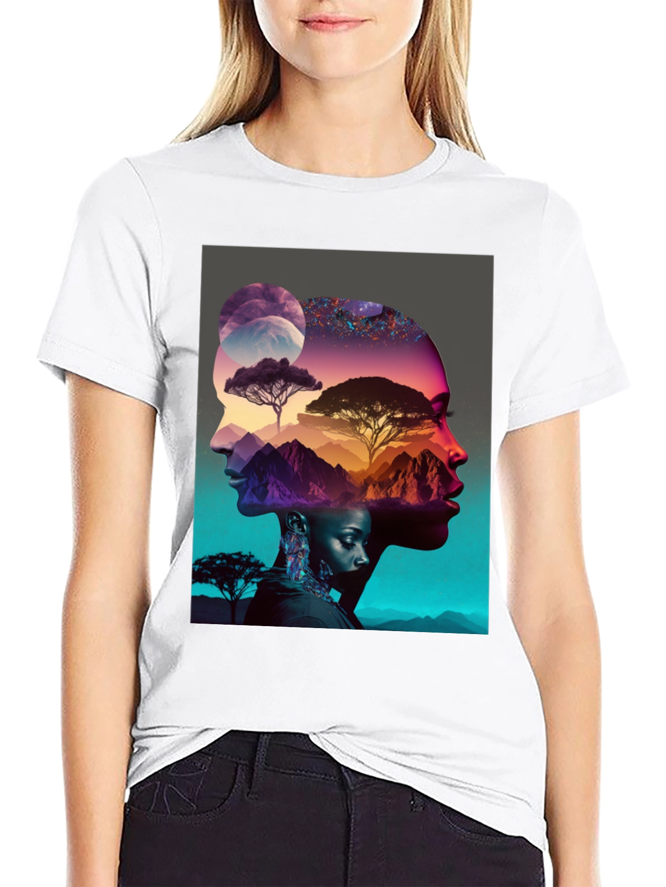 Camiseta Negra con Diseño Abstracto de Naturaleza y Rostros