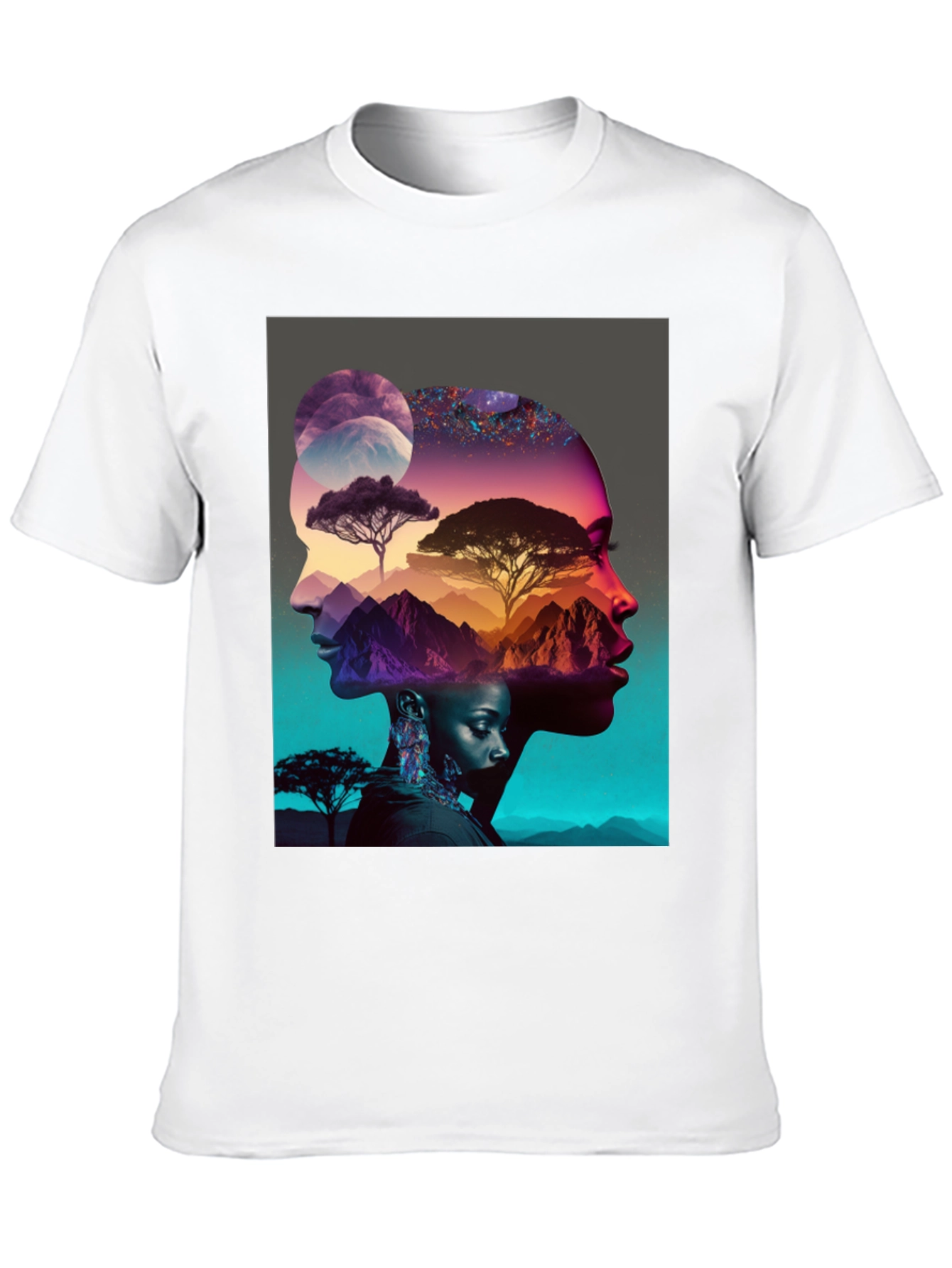 Camiseta Negra con Diseño Abstracto de Naturaleza y Rostros