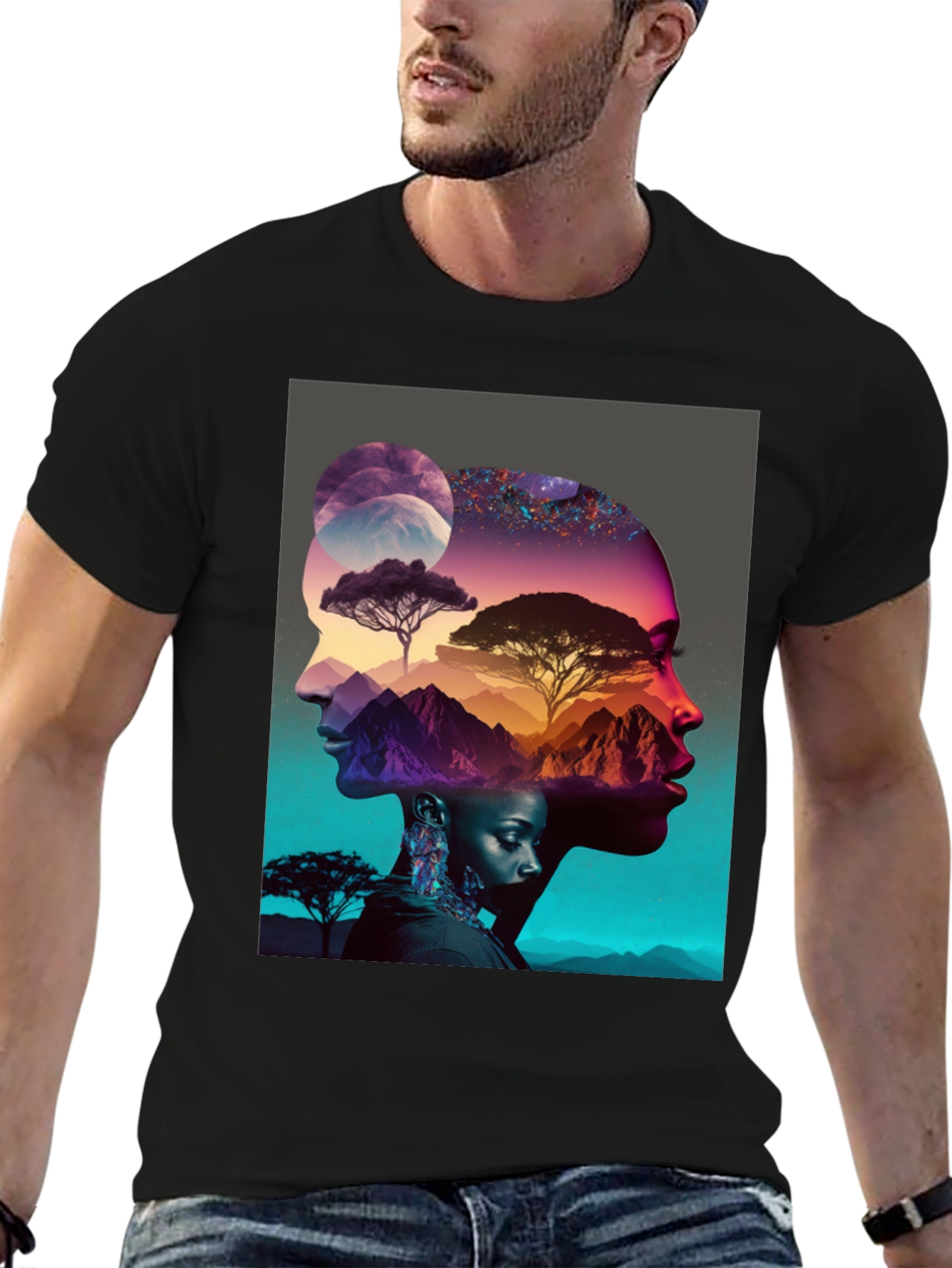Camiseta Negra con Diseño Abstracto de Naturaleza y Rostros