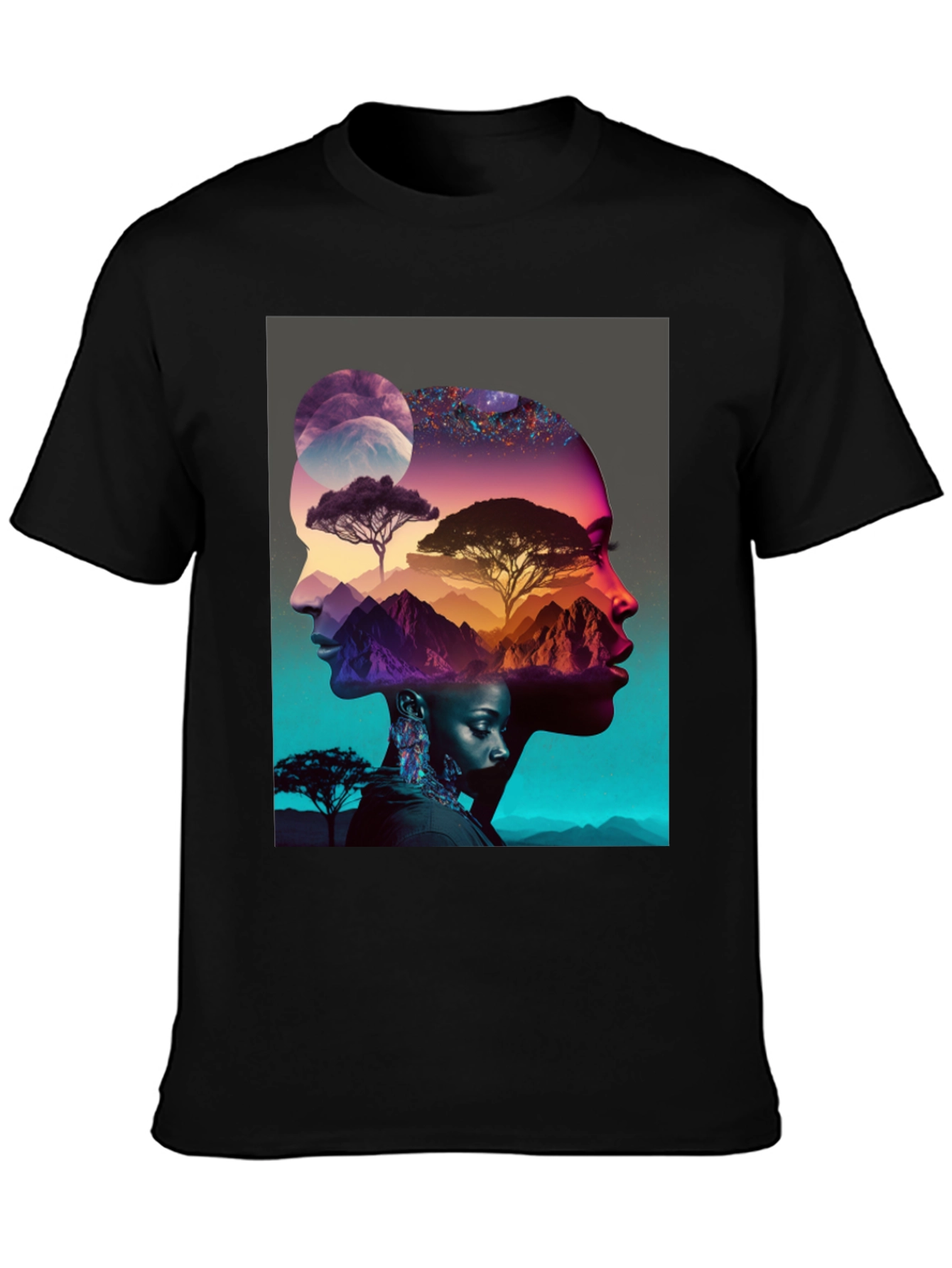 Camiseta Negra con Diseño Abstracto de Naturaleza y Rostros