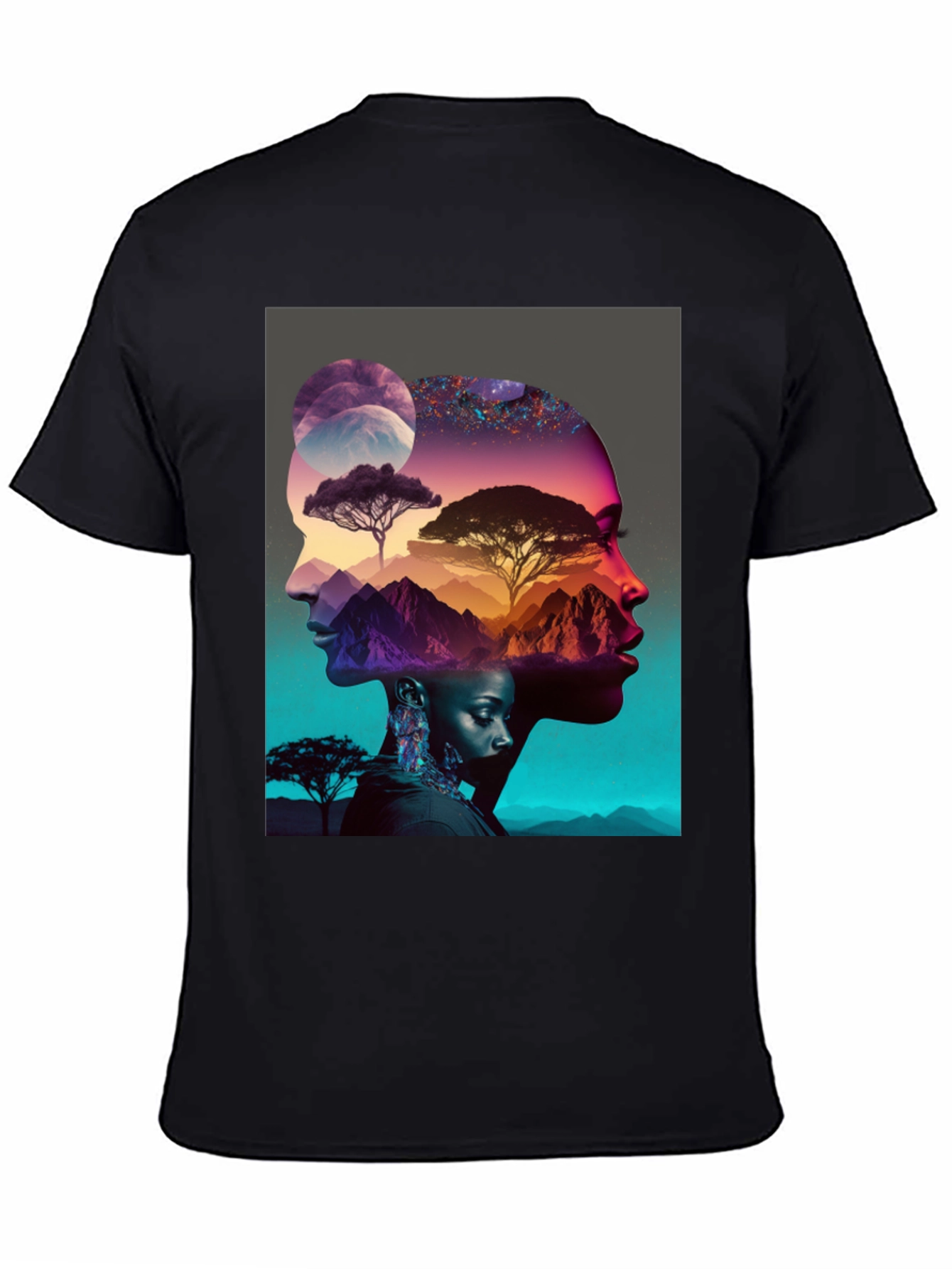 Camiseta Negra con Diseño Abstracto de Naturaleza y Rostros