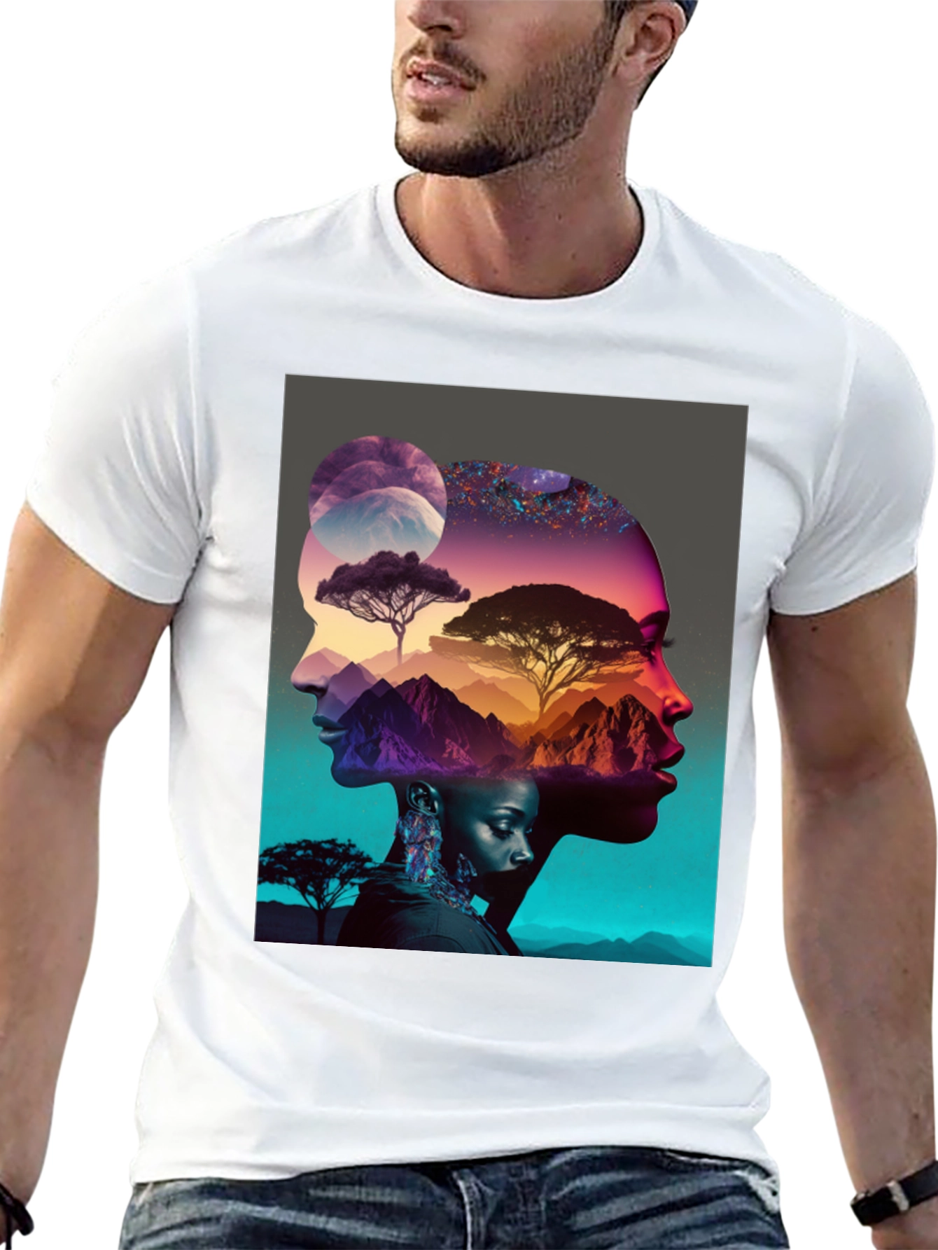 Camiseta Negra con Diseño Abstracto de Naturaleza y Rostros