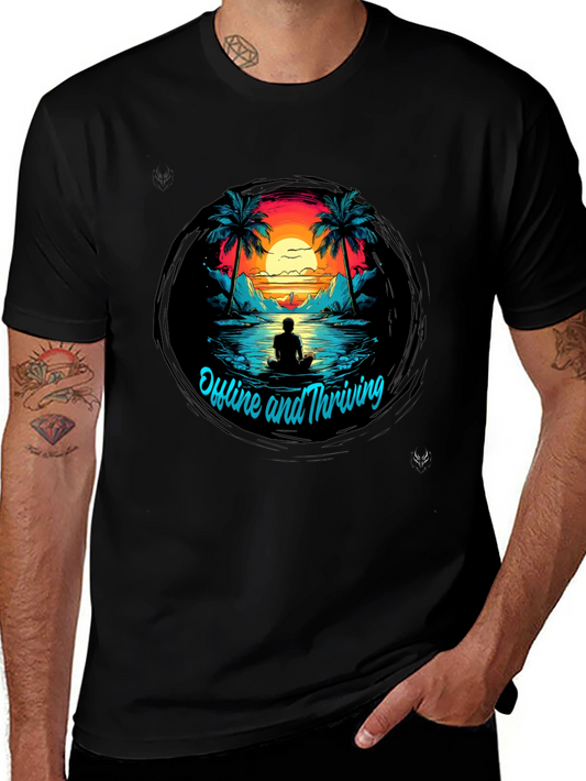 Camiseta Negra Offline and Thriving Diseño Tropical