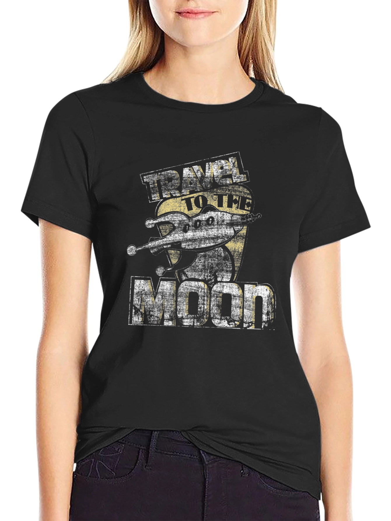 Camiseta Negra Viaje a la Luna Estilo Retro