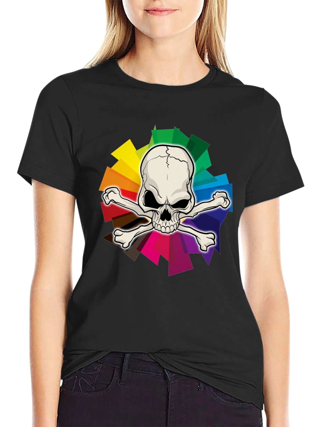 Camiseta Negra con Calavera y Arcoíris