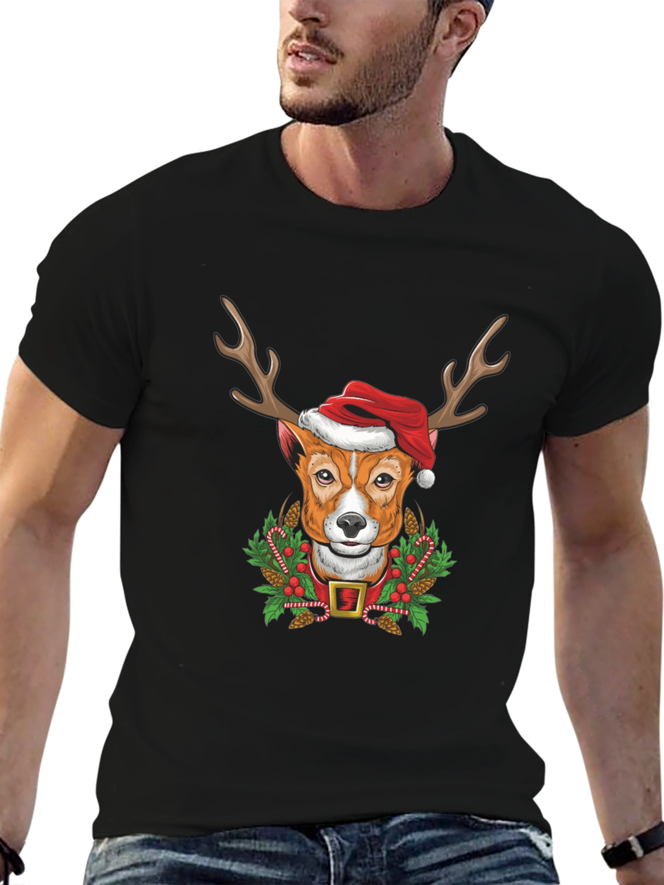 Camiseta Hombre Diseño Navideño Perro Reno