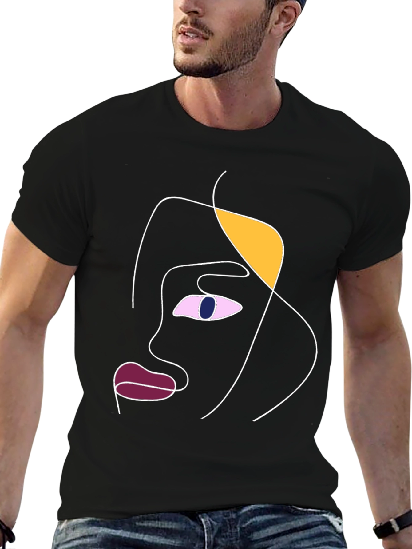 Camiseta Negra con Diseño Abstracto de Rostro