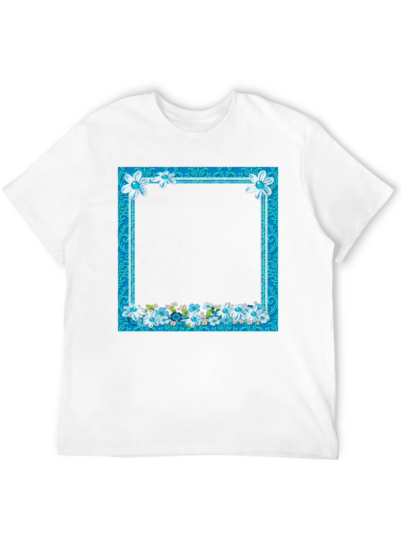 Camiseta Negra con Marco Floral Azul