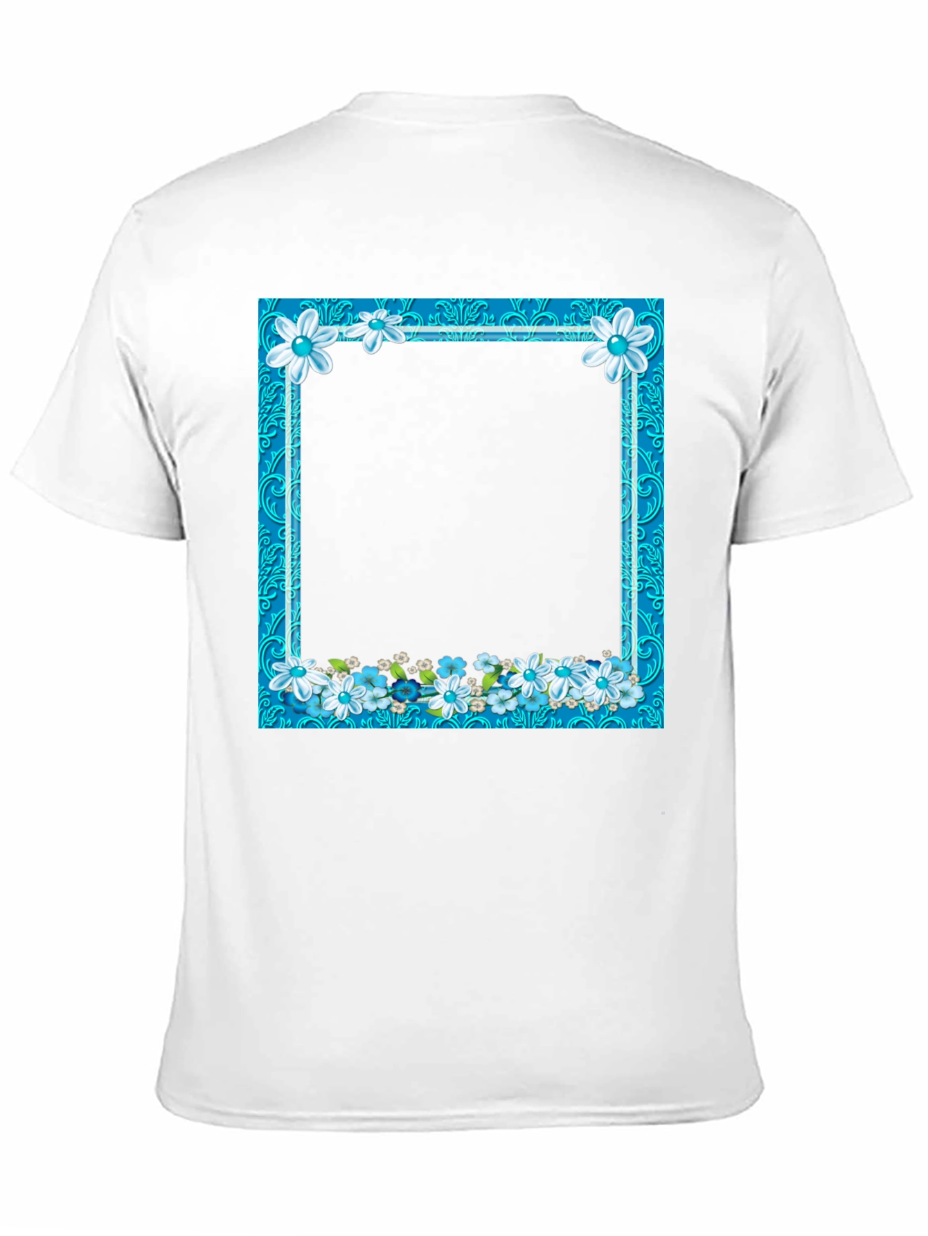 Camiseta Negra con Marco Floral Azul