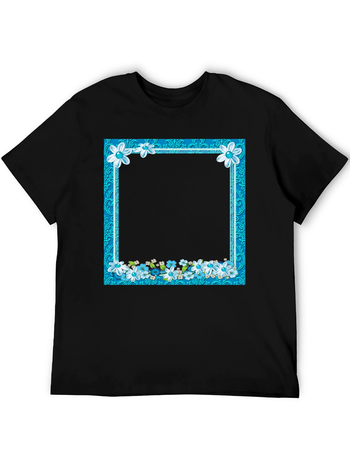 Camiseta Negra con Marco Floral Azul