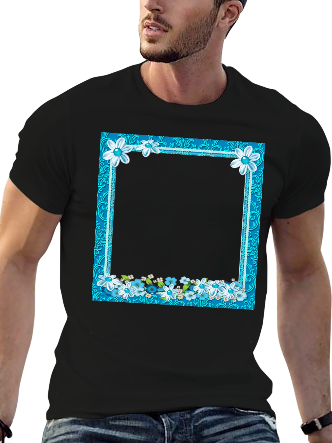 Camiseta Negra con Marco Floral Azul