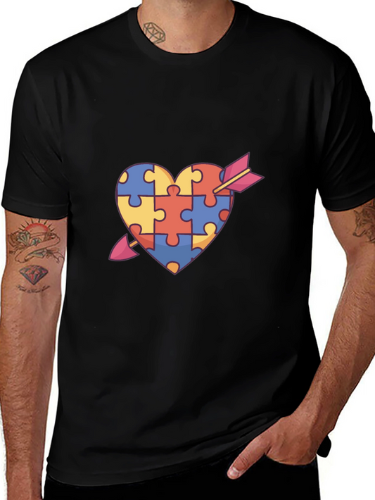 Camiseta Negra con Corazón de Puzzle y Flecha