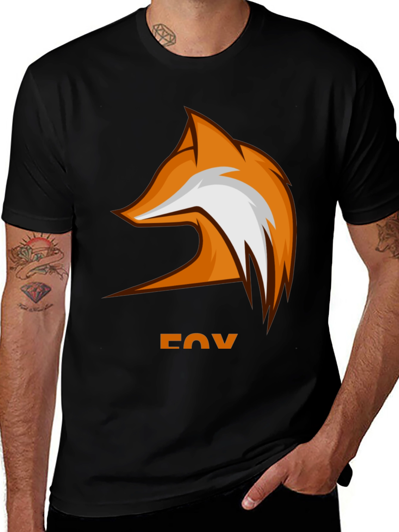 Camiseta Hombre Negra Diseño Zorro Naranja