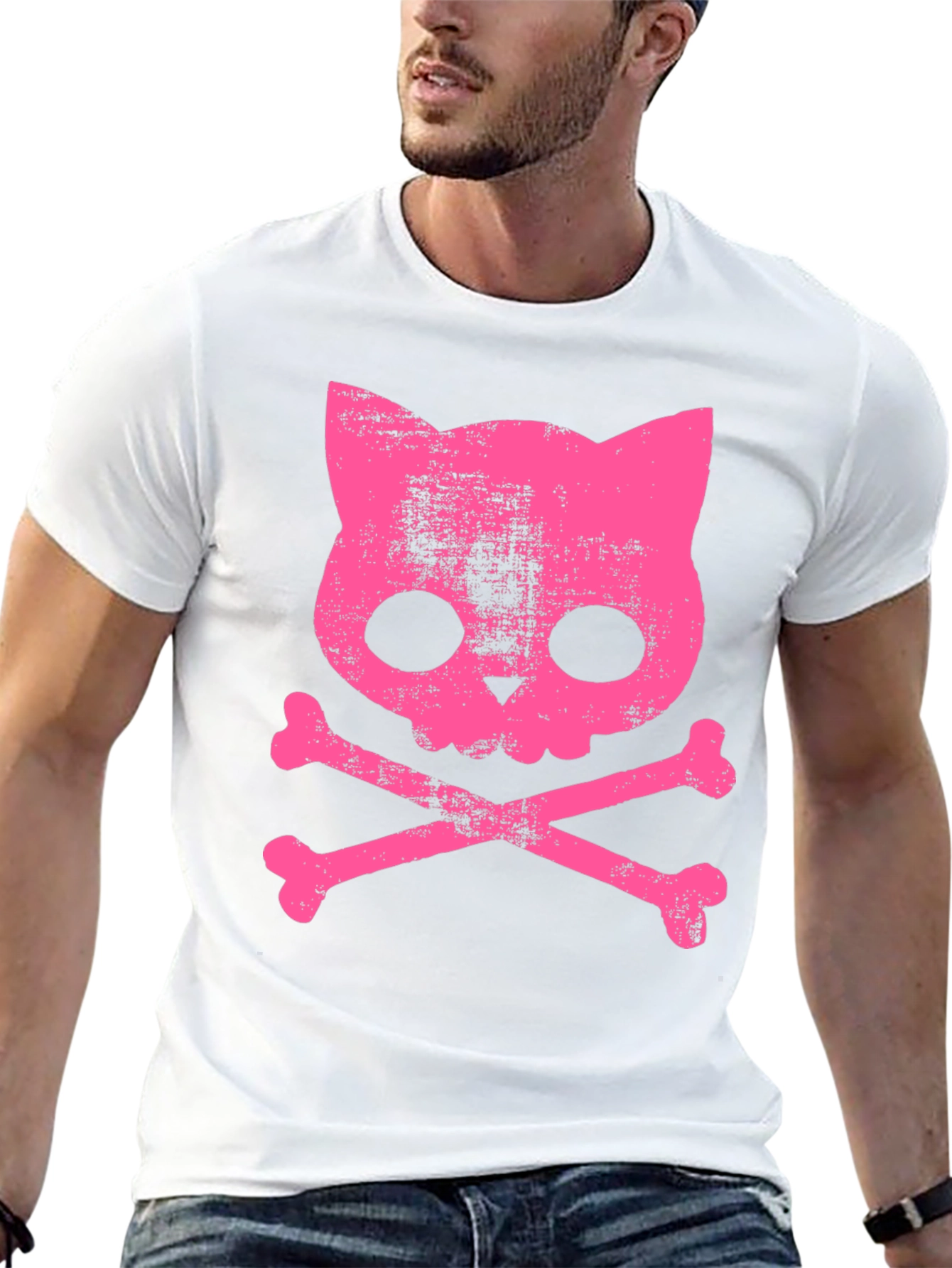 Camiseta Negra con Calavera de Gato Rosa