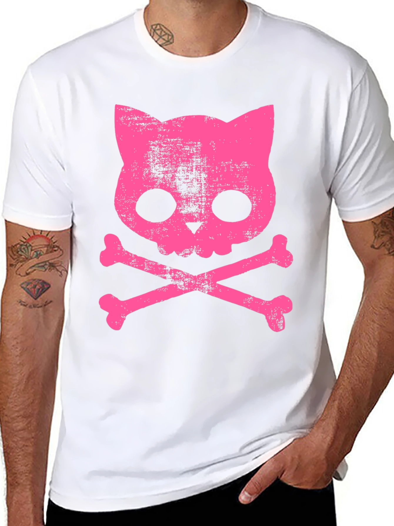 Camiseta Negra con Calavera de Gato Rosa