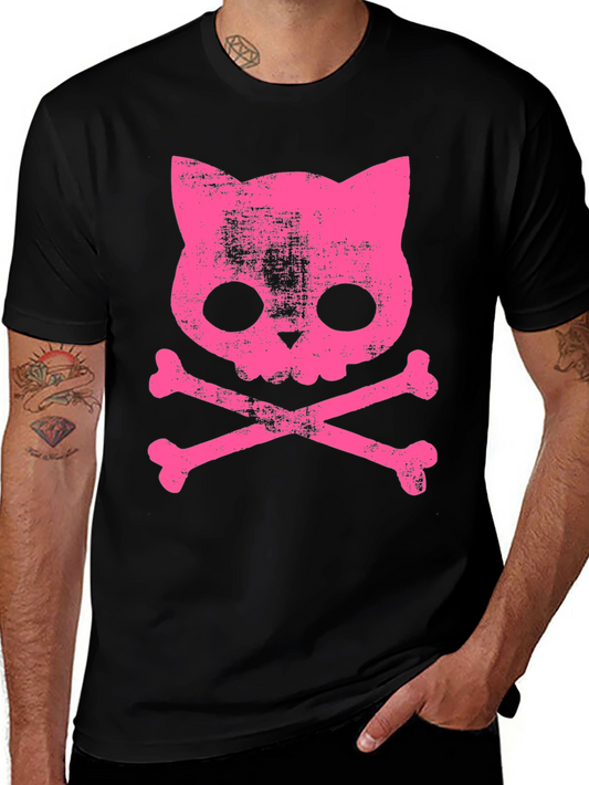 Camiseta Negra con Calavera de Gato Rosa