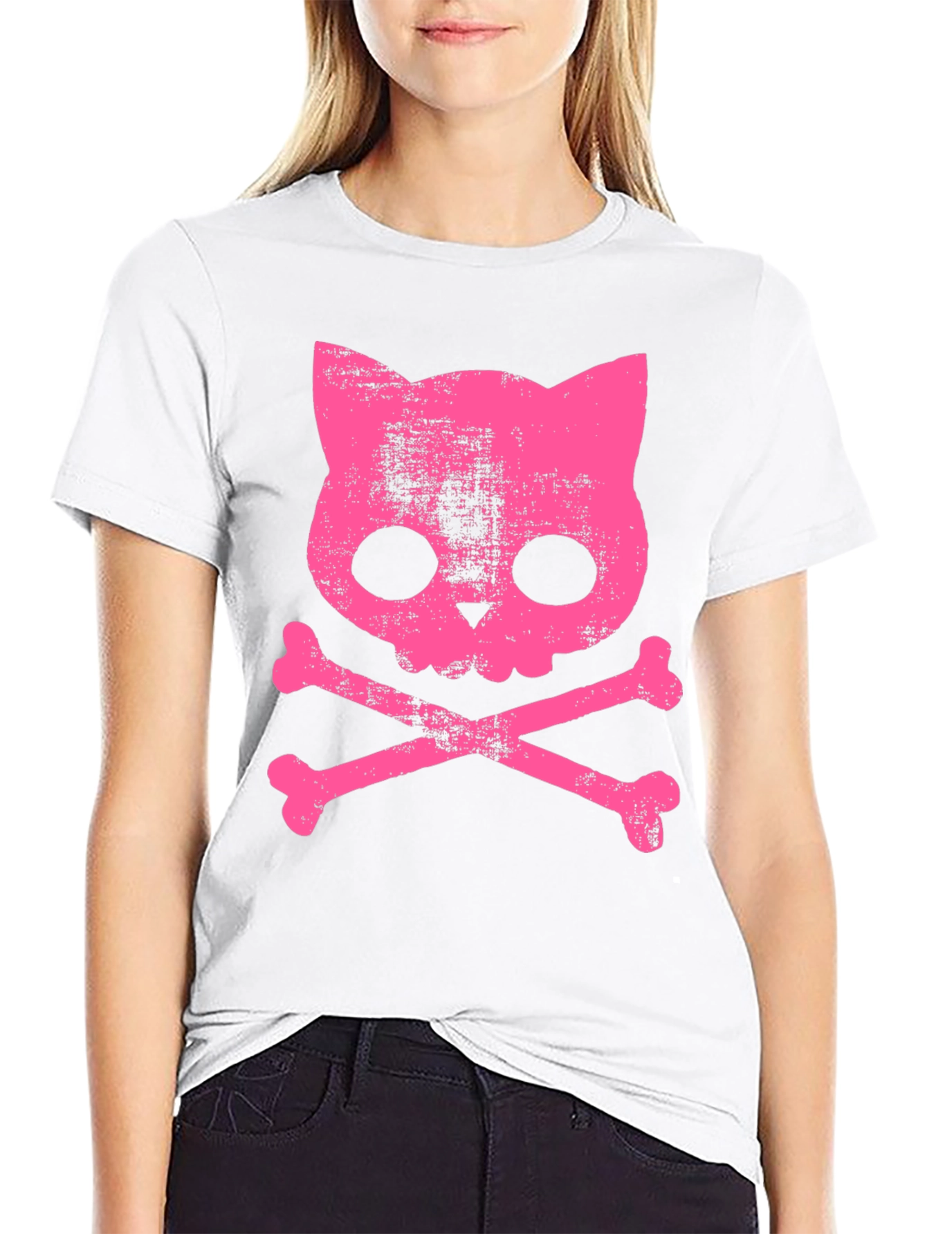 Camiseta Negra con Calavera de Gato Rosa