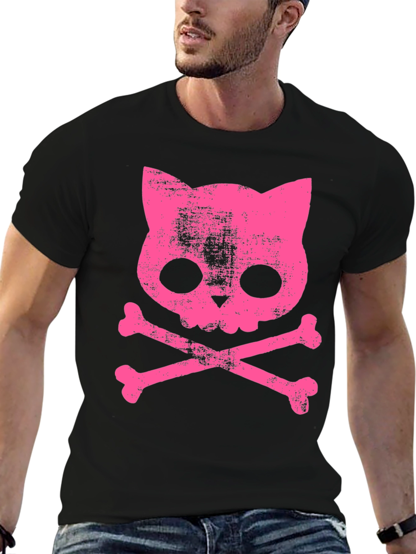 Camiseta Negra con Calavera de Gato Rosa
