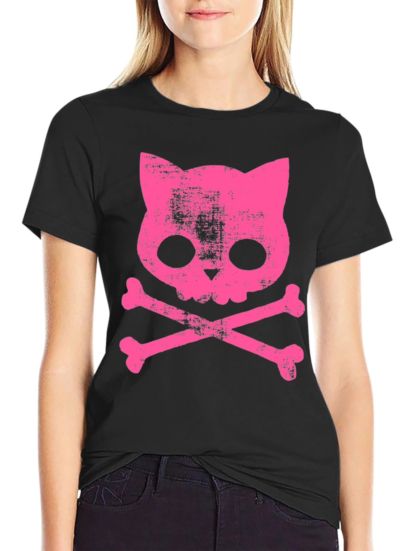 Camiseta Negra con Calavera de Gato Rosa
