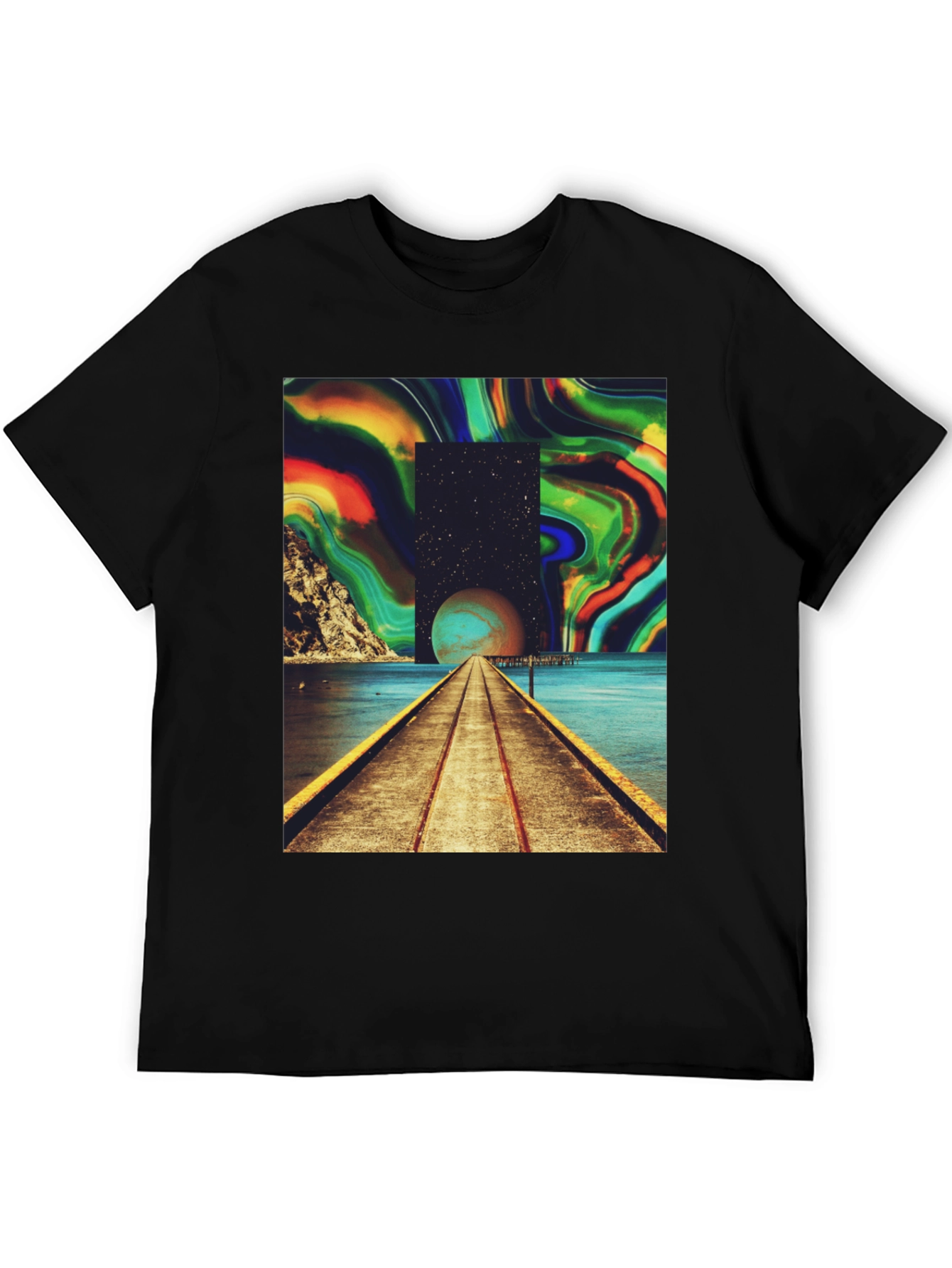 Camiseta Negra con Diseño Abstracto y Cósmico