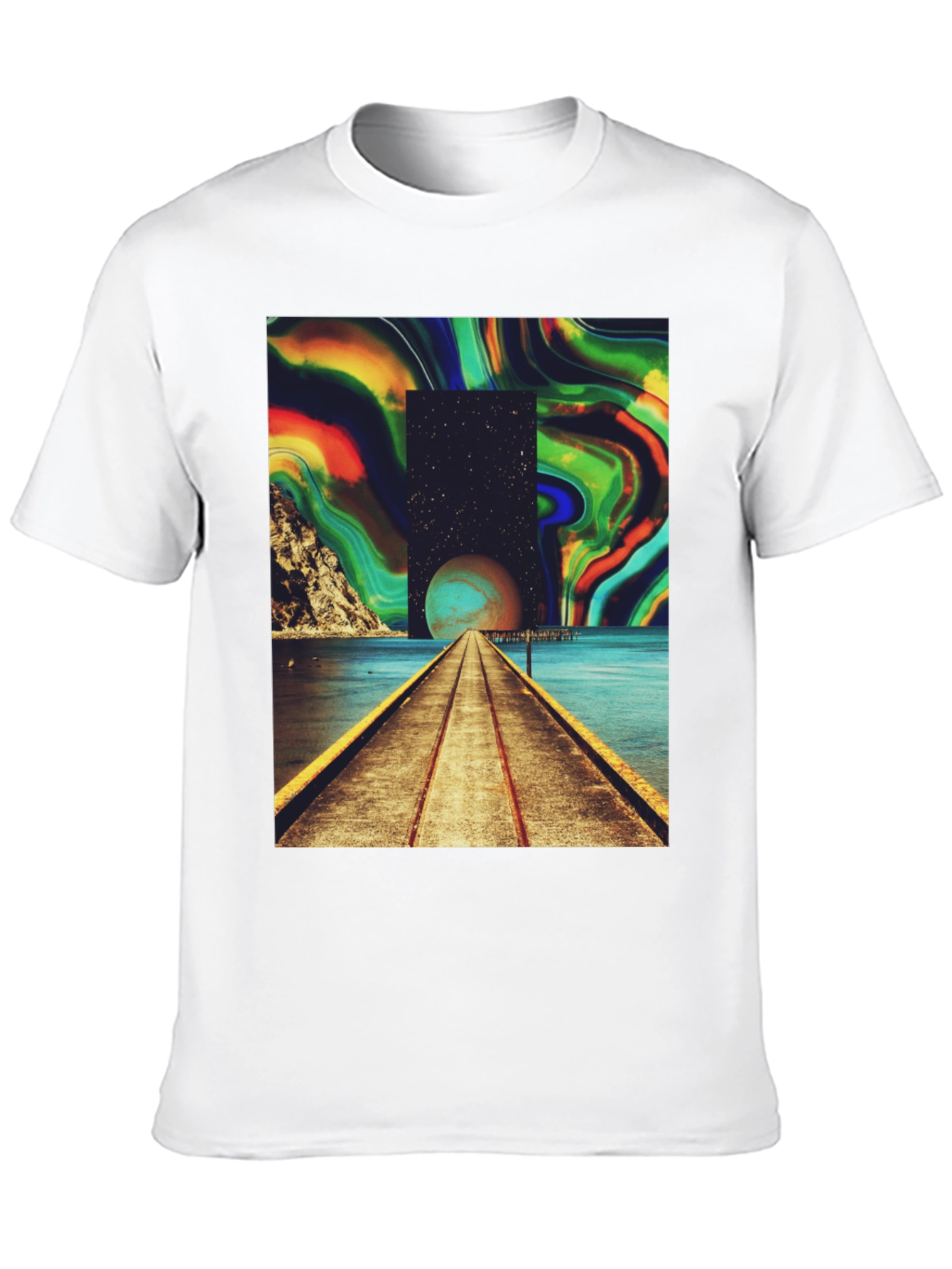 Camiseta Negra con Diseño Abstracto y Cósmico