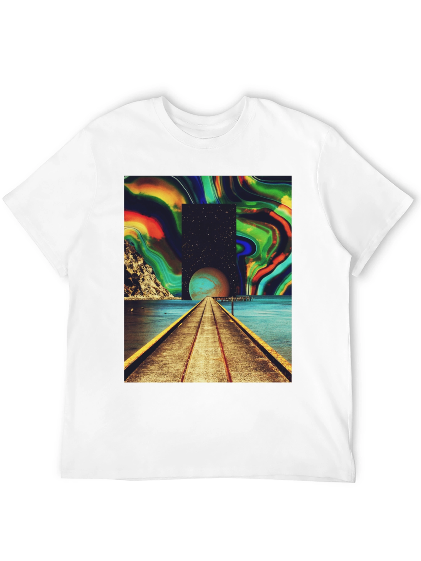 Camiseta Negra con Diseño Abstracto y Cósmico