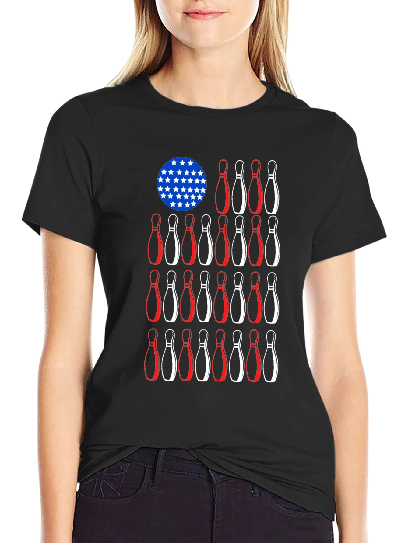 Camiseta Negra Bolos Estilo Bandera Americana