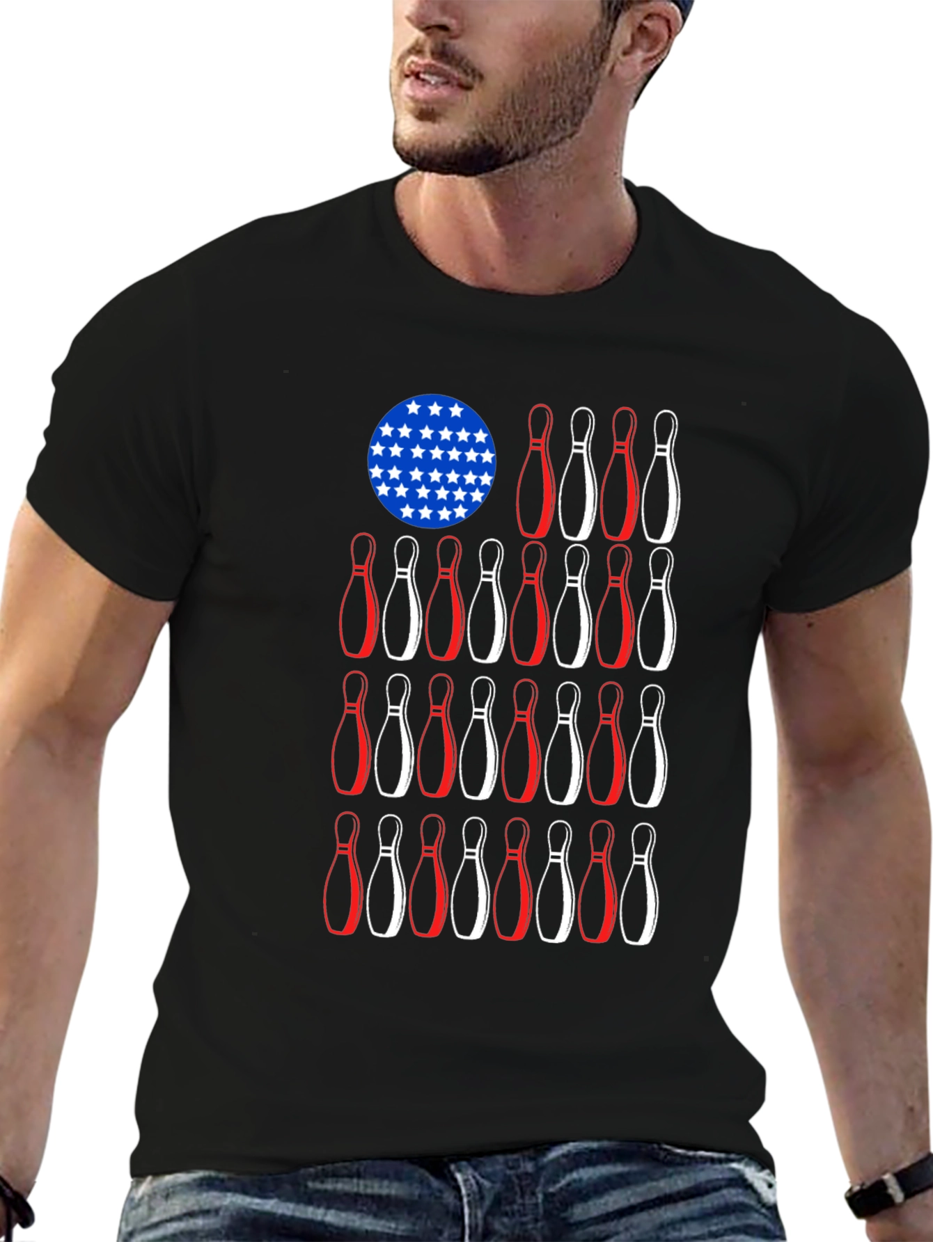 Camiseta Negra Bolos Estilo Bandera Americana