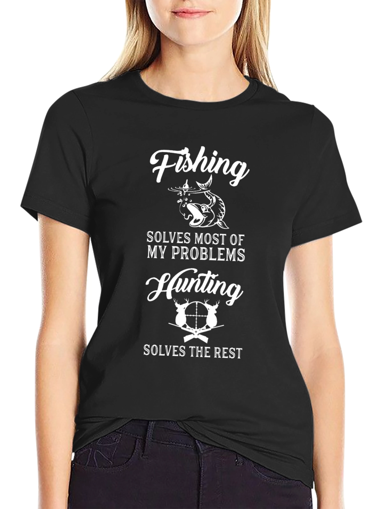 Camiseta Negra: Pesca y Caza Solución a Todo