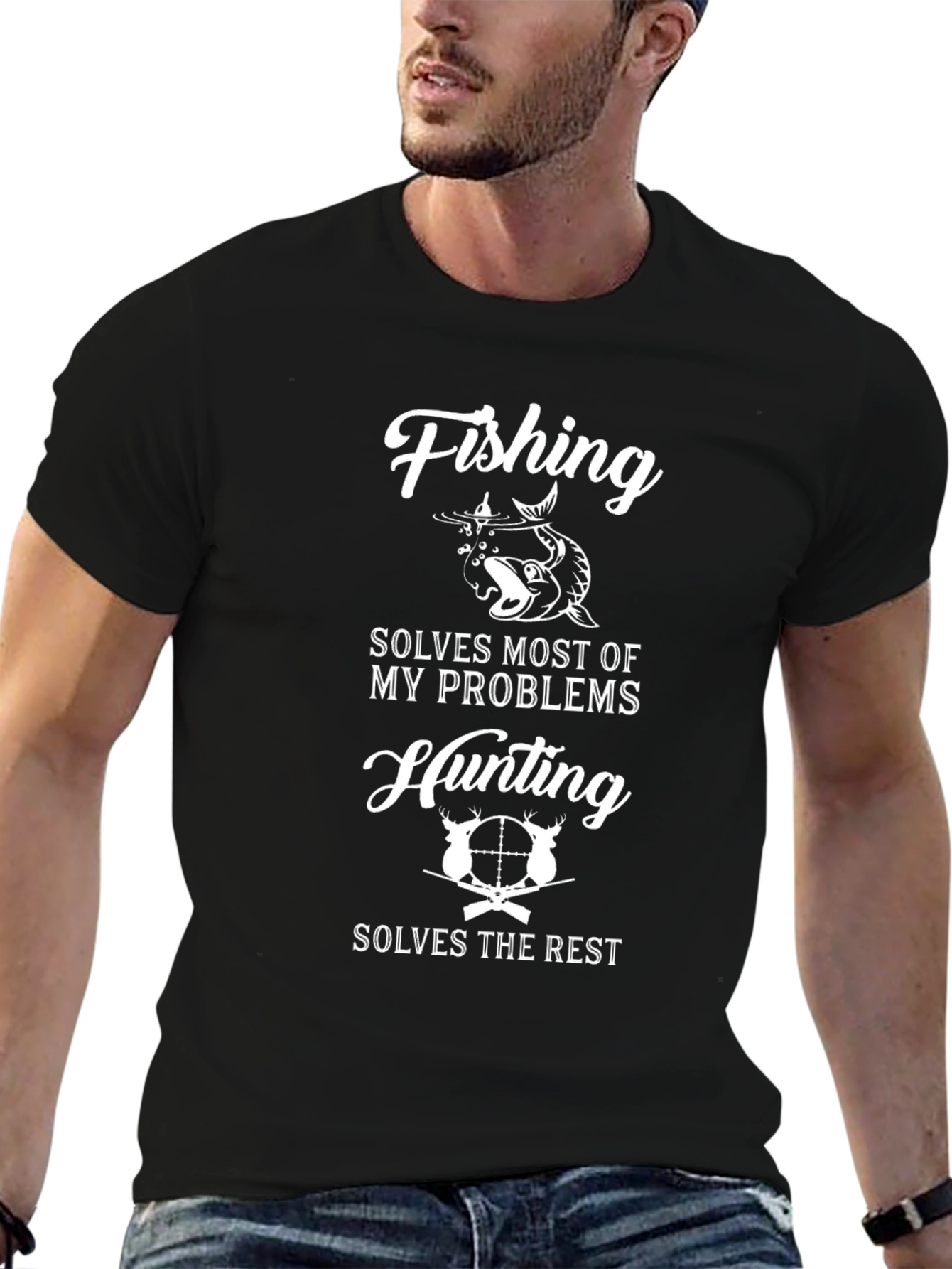 Camiseta Negra: Pesca y Caza Solución a Todo