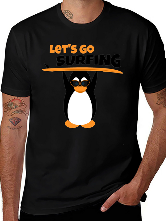 Camiseta Negra Surf Pingüino Divertido