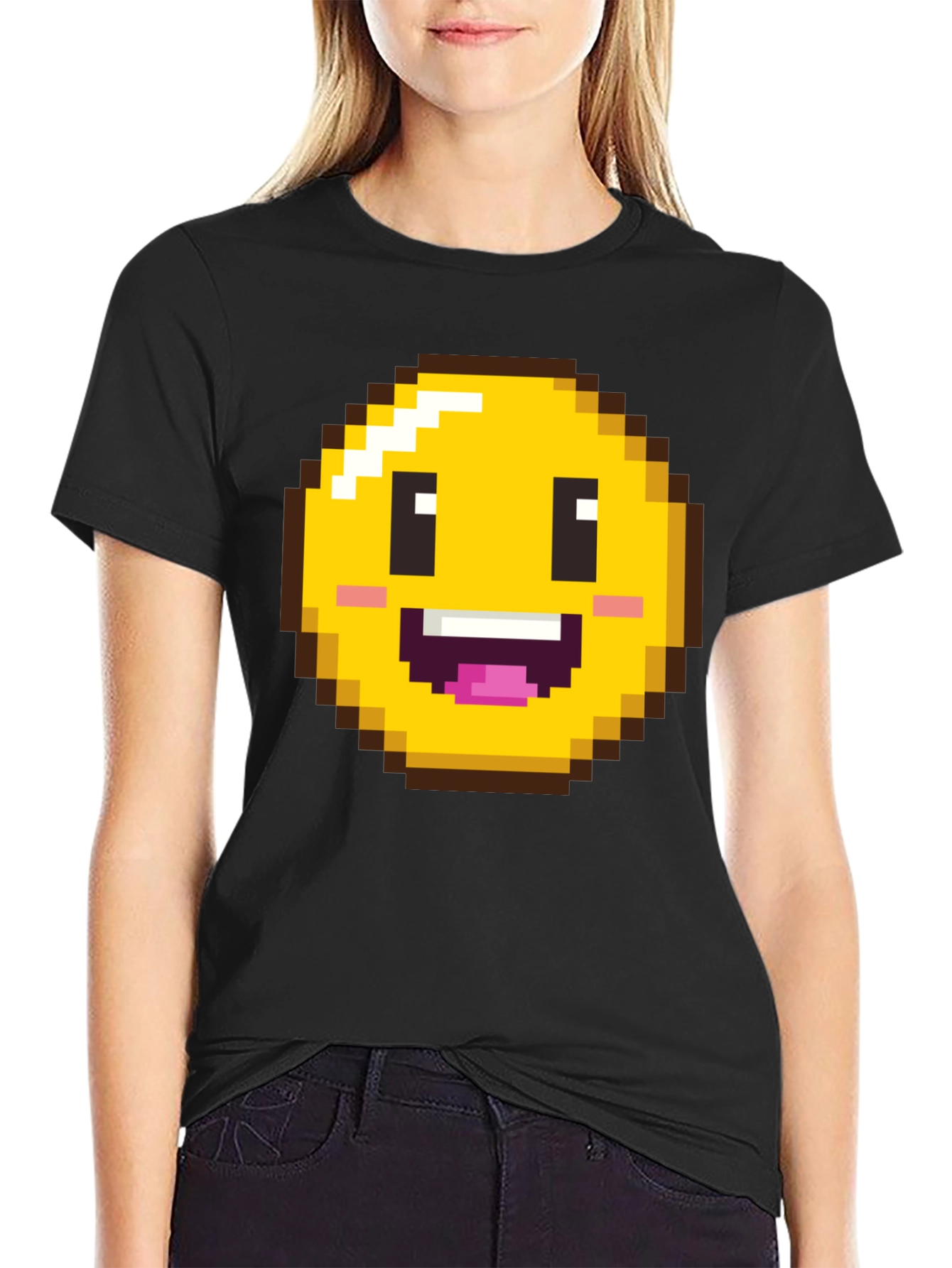 Camiseta Hombre Negra con Emoji Pixelado Sonriente