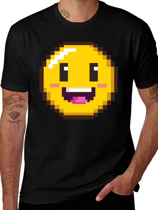 Camiseta Hombre Negra con Emoji Pixelado Sonriente