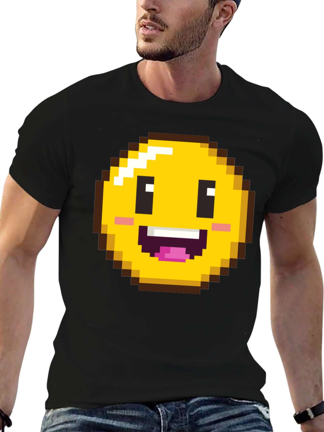 Camiseta Hombre Negra con Emoji Pixelado Sonriente
