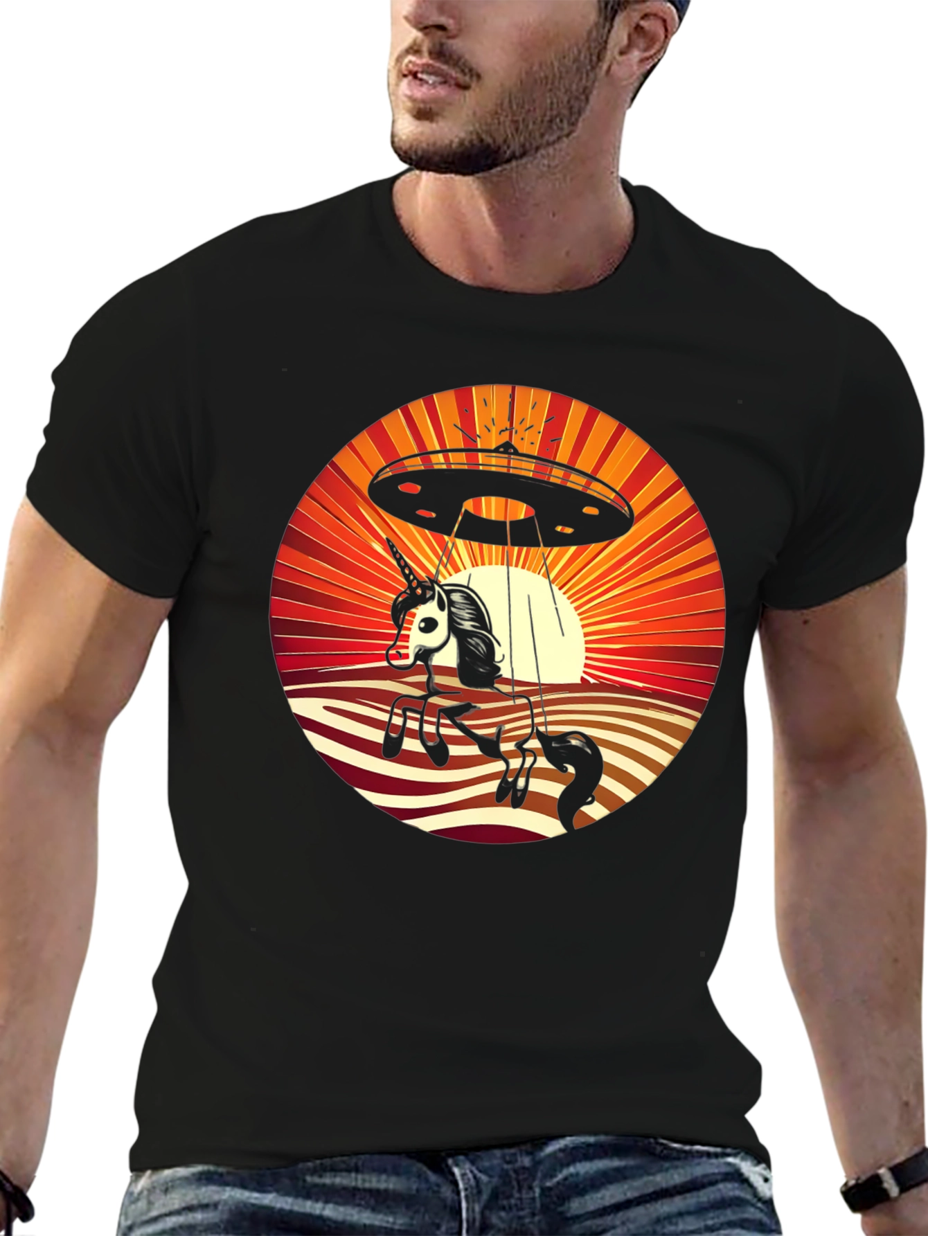 Camiseta Hombre Unicornio OVNI Retro