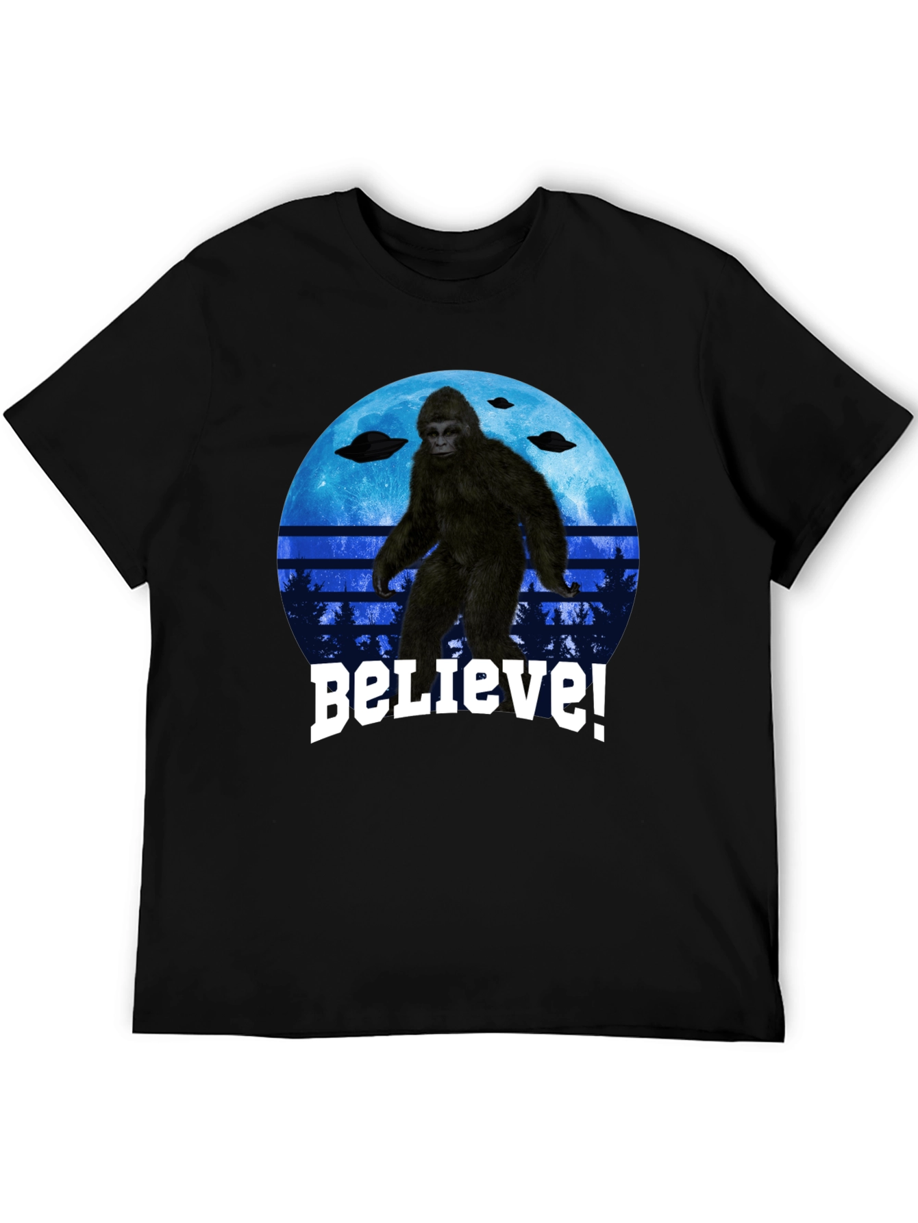 Camiseta Bigfoot Believe - Diseño OVNI y Luna Azul