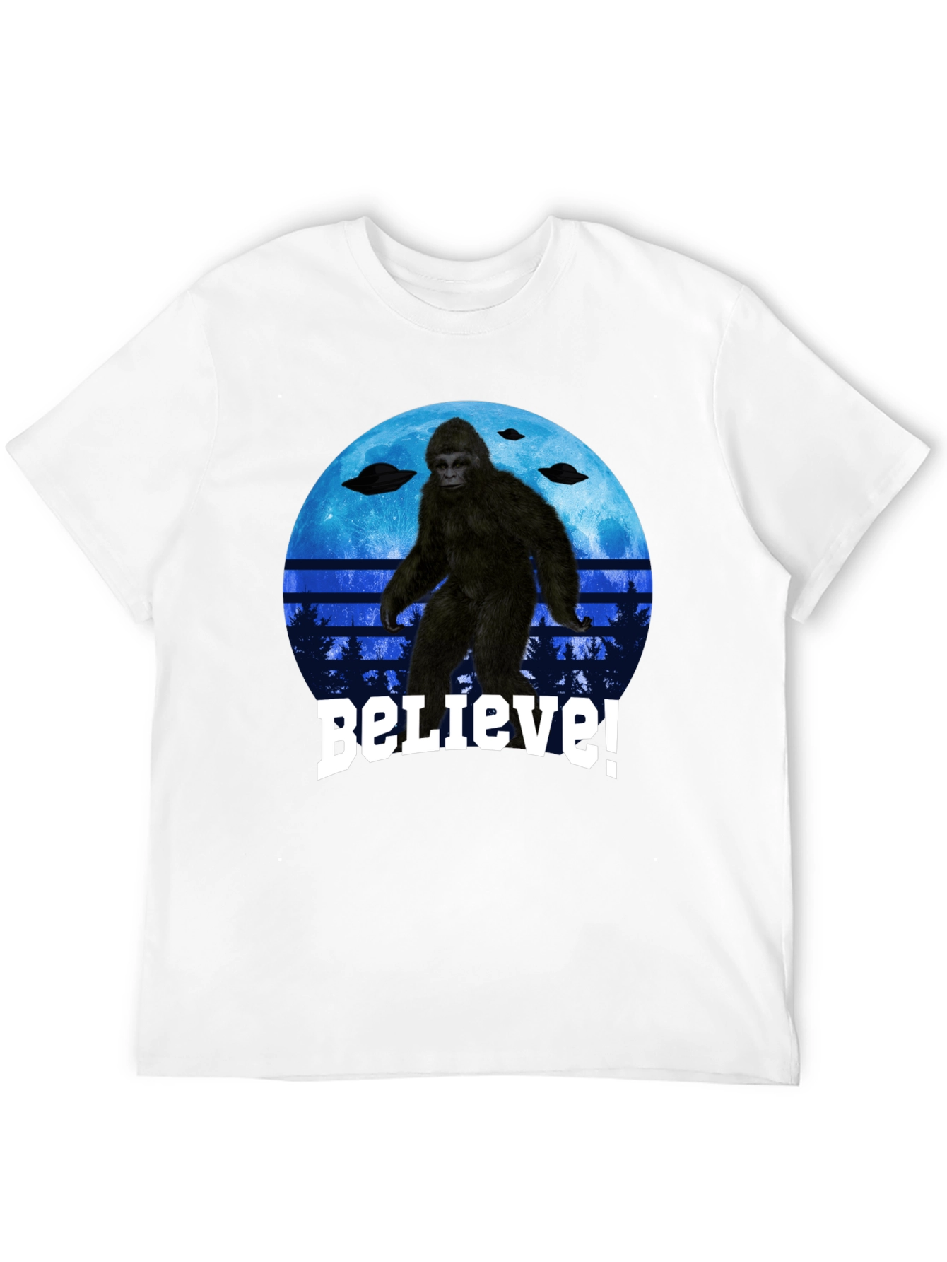 Camiseta Bigfoot Believe - Diseño OVNI y Luna Azul
