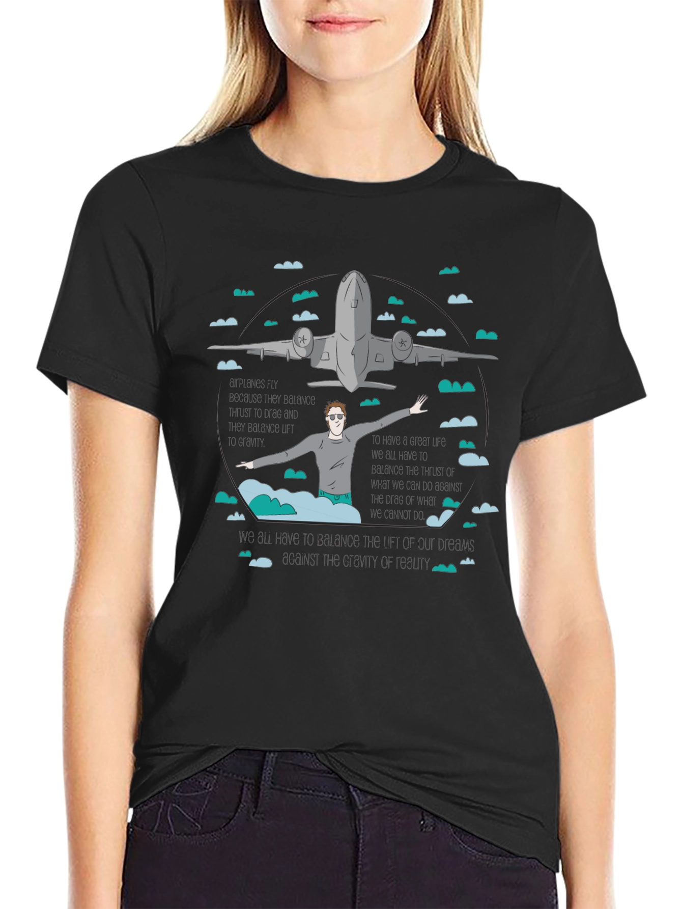 Camiseta Negra Estampada con Avión y Figura Humana