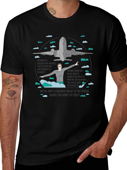 Camiseta Negra Estampada con Avión y Figura Humana