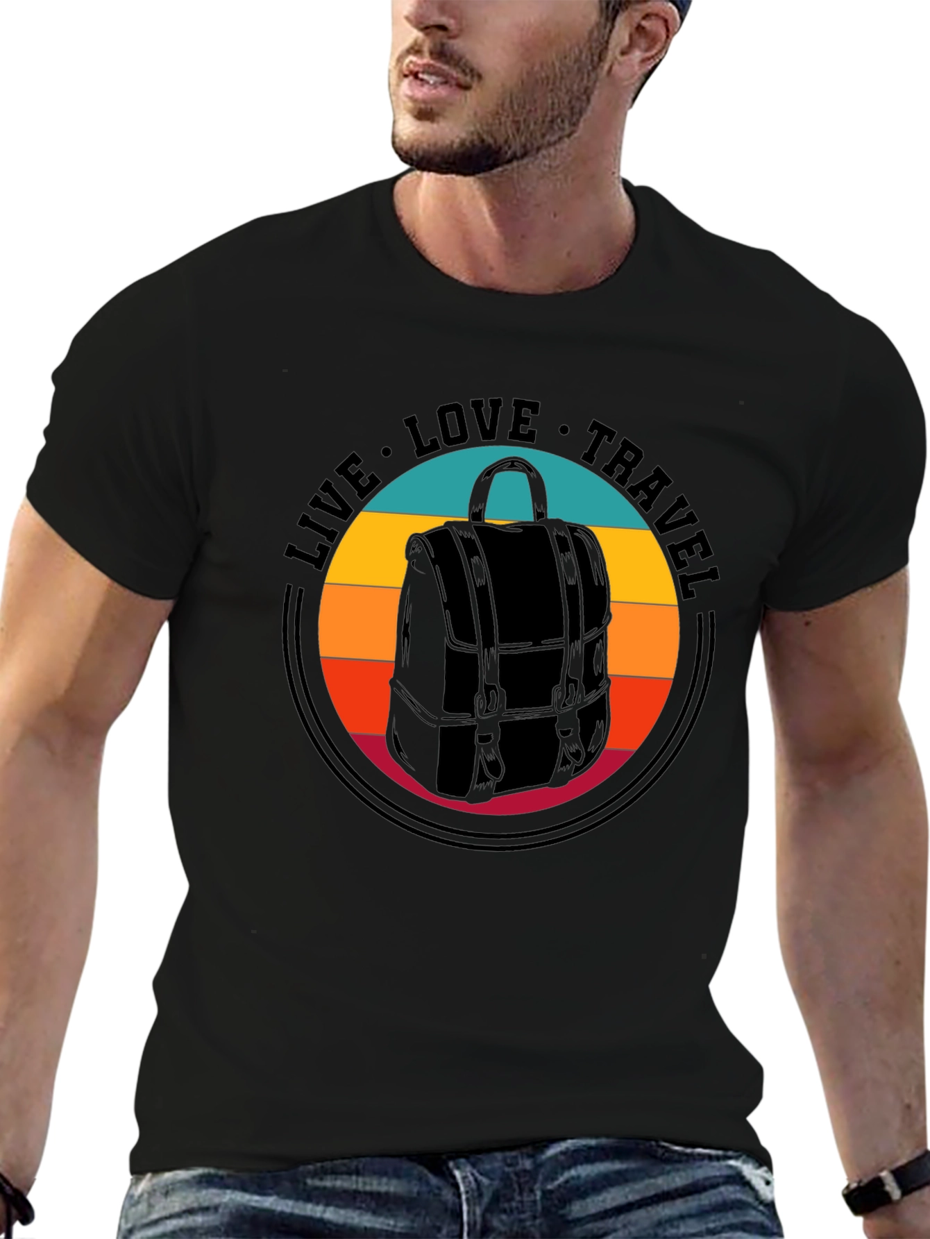 Camiseta Negra: Vive Ama Viaja - Diseño Mochila Retro