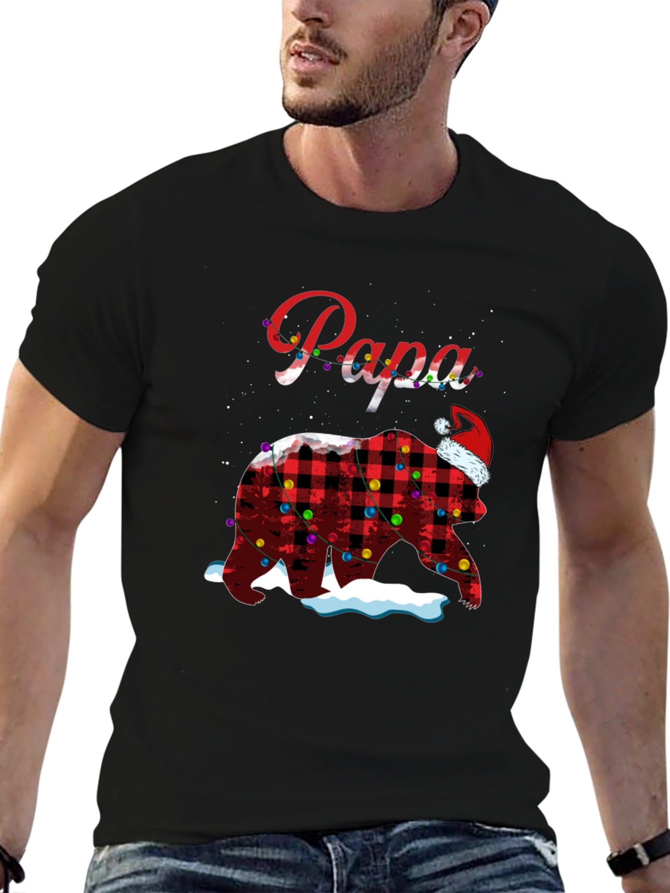 Camiseta Papa Oso Navideño a Cuadros con Luces
